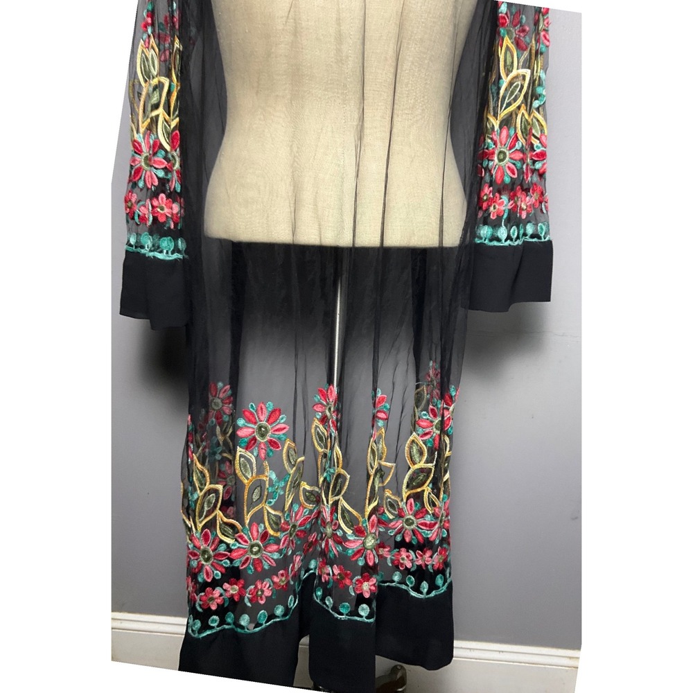 Liv Los Angeles Sheer Mesh Embroidered Floral Boho Hippie Cardigan Duster Black - Picture 3 of 4
